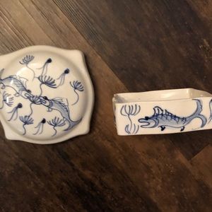 Blue & White Koi Jelly Fish ceramic porcelain pottery trinket box with lid